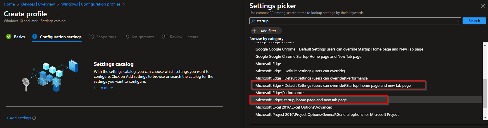 Settings picker – Edge startup, home page and new tab page options